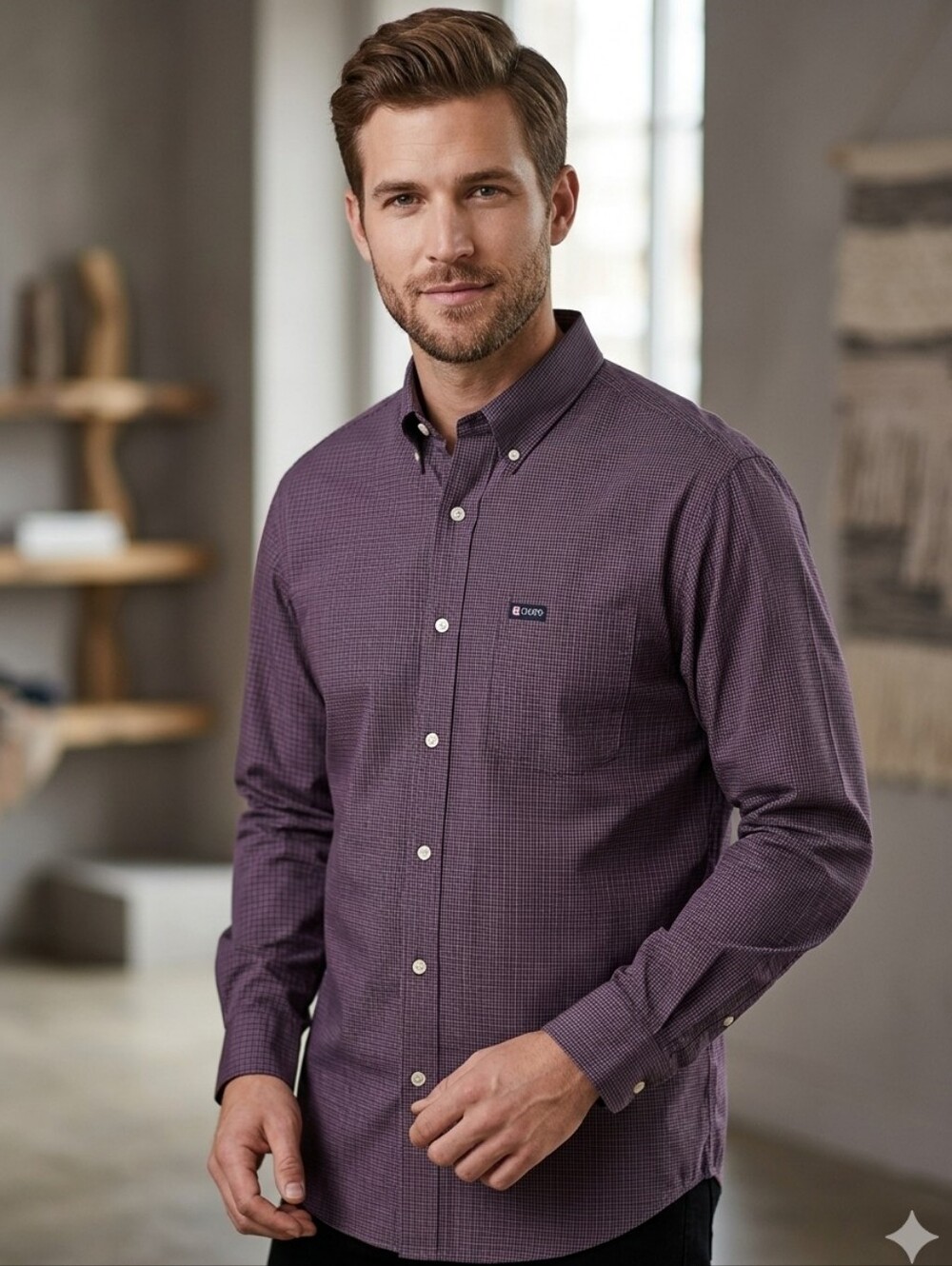 Chaps Easy Care Mens Micro Plaid Button Down Shirt Purple/Burgundy Size M